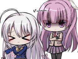  >_< 2girls :| ahoge ayachi_nene black_pantyhose blue_jacket blunt_bangs blunt_ends bow breast_envy breasts chibi chibi_only closed_mouth commentary company_connection cowboy_shot crossed_arms crossover ears_visible_through_hair flying_sweatdrops frown grey_hair grey_sailor_collar hair_between_eyes hair_ribbon half_updo highres huge_ahoge jacket kikka_academy_school_uniform large_breasts long_hair long_sleeves looking_at_another mahigu_re miniskirt mitsukasa_ayase multiple_girls necktie notice_lines pantyhose pink_hair pink_ribbon plaid_clothes plaid_skirt pleated_skirt red_necktie ribbon riddle_joker sailor_collar sanoba_witch school_uniform shaded_face simple_background skirt soap_bubbles sound_effects split_mouth tanezaki_atsumi v-shaped_eyebrows very_long_hair voice_actor_connection white_background yellow_bow yellow_jacket yuzusoft 