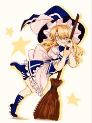  1girl apron back_bow blonde_hair blue_boots blue_bow blue_bowtie blue_hat blue_skirt blue_vest boots bow bowtie broom commentary frilled_skirt frills full_body grin hair_between_eyes hat hat_bow highres holding holding_broom hopeless_masquerade kirisame_marisa leg_up long_hair looking_at_viewer official_alternate_costume one_eye_closed puffy_short_sleeves puffy_sleeves shirt short_sleeves silhouette skirt smile solo star_(symbol) touhou turtle-kun vest waist_apron white_apron white_bow white_shirt witch_hat yellow_eyes 