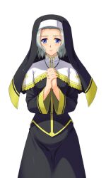  1girl blue_eyes blush cross cross_necklace dress fuuki_iinchou_seira game_asset grey_hair ishigaki_takashi jewelry large_variant_set long_sleeves looking_at_viewer minakami_aria necklace non-web_source nun official_art own_hands_clasped own_hands_together praying self-datamine short_hair simple_background solo standing tachi-e traditional_nun transparent_background variant_set 