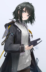  1girl arknights arknights:_endfield black_coat black_hair black_mask black_pantyhose blindfold_mask blue_eyes coat commentary_request endministrator_(arknights) female_endministrator_(arknights) grey_background grey_sweater highres holding holding_mask io_(io_oekaki) long_sleeves looking_at_viewer mask no_mask open_clothes open_coat pantyhose parted_lips short_hair simple_background solo sweater 