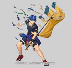  1boy bandaged_wrist bandages black_shirt black_shorts blue_jacket clenched_teeth clothes_around_waist commentary_request fire_emblem fire_emblem:_path_of_radiance fire_emblem_heroes flag freestyle18 full_body green_headband headband holding holding_flag ike_(fire_emblem) ike_(full-tilt_merc)_(fire_emblem) jacket jacket_around_waist male_focus official_alternate_costume official_art open_mouth shirt shoes short_hair shorts solo teeth torn_clothes torn_shirt wristband 