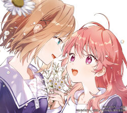  2girls :d ahoge album_cover aono_nachi aqua_eyes blue_shirt blush brown_hair commentary_request copyright_notice cover daisy_(flower) dress eye_contact flower hair_ornament highres holding holding_flower holding_hands kagari_mimi kimi_ga_shinu_made_koi_wo_shitai long_hair long_sleeves looking_at_another multiple_girls official_art open_mouth pink_hair profile sailor_collar sailor_dress school_uniform second-party_source shirt short_hair simple_background smile teeth totsuki_shiina upper_body upper_teeth_only violet_eyes white_background white_flower white_sailor_collar x_hair_ornament yuri 
