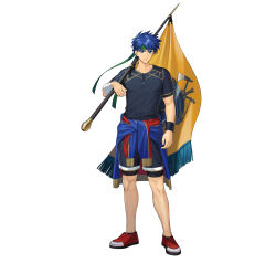  1boy absurdres bandaged_wrist bandages blue_eyes blue_hair blue_jacket closed_mouth clothes_around_waist commentary english_commentary fire_emblem fire_emblem:_path_of_radiance fire_emblem_heroes flag freestyle18 full_body green_headband headband highres holding holding_flag ike_(fire_emblem) ike_(full-tilt_merc)_(fire_emblem) jacket jacket_around_waist looking_at_viewer male_focus official_art shirt shoes short_hair shorts simple_background solo standing white_background wristband 