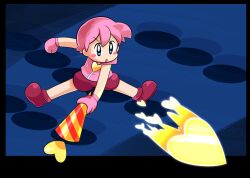  1boy black_border blue_eyes blush_stickers border casting_spell commentary_request full_body gloves heart holding holding_wand kirby kirby_(series) looking_ahead male_focus open_mouth personification pink_gloves pink_hair pink_shirt shirt shoes shorts sleeveless solo wand yama_guriko 
