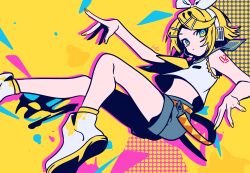  1girl absurdres blue_eyes boots breasts commentary dot_nose floating foot_out_of_frame grey_sailor_collar grey_shorts hair_ornament hairband hairclip headphones headset highres kagamine_rin looking_at_viewer midriff neckerchief number_tattoo parted_bangs print_belt sailor_collar shirt short_hair short_shorts shorts shoulder_tattoo signature sleeveless sleeveless_shirt small_breasts solo tattoo triangle_print user_jazz4252 vocaloid white_boots white_hairband white_shirt yellow_background yellow_nails yellow_neckerchief 