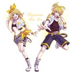  1girl blonde_hair blue_eyes boots brother_and_sister hair_ornament hair_ribbon hairclip kagamine_len kagamine_rin looking_at_viewer midriff navel open_mouth ribbon short_hair siblings simple_background smile twins vocaloid yamako_(artist) 