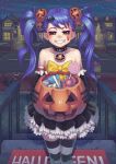  bare_shoulders black_cat blue_hair blush brown_eyes candy candy_cane cat choker elbow_gloves frills gloves gonster grin hair_ornament halloween holding house jack-o'-lantern lamppost lollipop long_hair mailbox night night_sky original post pumpkin pumpkin_hair_ornament skirt sky smile solo striped striped_legwear teeth thigh-highs thighhighs trick_or_treat twintails zettai_ryouiki 