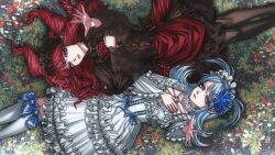  arm_up black_corset black_dress black_hairband black_pantyhose blue_bow blue_eyes blue_flower blue_hair blue_ribbon blue_spider_lily bow bow_legwear choker chromatic_aberration commentary commission corset curly_hair dress dress_flower english_commentary expressionless feet_out_of_frame field flower flower_field frilled_choker frilled_dress frills from_above hair_flower hair_ornament hairband hand_on_own_chest highres indie_virtual_youtuber kneehighs lace-trimmed_sleeves lace_trim light_smile lily_ambrosia lolita_fashion lolita_hairband long_hair long_sleeves looking_at_viewer lying medium_dress ollieph on_back on_ground pantyhose parted_lips reaching reaching_towards_viewer red_eyes red_flower red_hair red_rose ribbon rose rose_ambrosia rotational_symmetry siblings sisters socks spider_lily twins two_side_up vgen_commission white_choker white_corset white_dress white_hairband white_socks wide_sleeves 