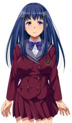 1girl closed_mouth copyright_request double-breasted emblem hair_ornament hairclip hinasera_aya jacket light_smile long_hair long_sleeves miniskirt mondo_muyo!_tanetsuke_kyoka-sho naked naked_character_request non-web_source purple_sailor_collar sailor_collar school_uniform shirt skirt sumisaka_ayane tachi-e tan transparent_background