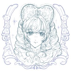  1girl baozilaojing blue_theme bonnet bow bowtie brooch chinese_commentary classic_lolita closed_mouth collar colored_lineart commentary_request cropped_shoulders curly_hair detached_collar dot_nose drill_hair expressionless eyelashes eyes_visible_through_hair frilled_collar frilled_headwear frills hair_bow hair_ornament heart-shaped_bonnet high_collar highres infinity_nikki jewelry light_blush lips lolita_fashion long_hair looking_at_viewer multiple_hat_bows musical_note musical_note_hair_ornament nikki_(series) picture_frame ringlets simple_background solo sparkle straight-on timeless_melody_(infinity_nikki) white_background 