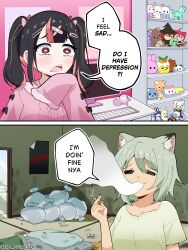  2girls =_= absurdres animal_ear_fluff animal_ear_piercing ashtray bandaid bandaid_hair_ornament bedroll bedroom blush bright_pupils cigarette cigarette_butt commentary computer computer_keyboard dare depressed desk door english_commentary english_text green_hair green_shirt hair_ornament hairclip headphones highres holding holding_cigarette indoors long_hair monitor multicolored_hair multiple_girls open_mouth pink_streaks red_eyes shelf shirt short_hair smoking speech_bubble stained_floor stained_wall streaked_hair stuffed_toy the-eggroller trash_bag twintails twitter_username white_pupils yani_neko yani_neko_(yani_neko) 