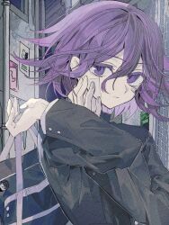  1boy bag bandaid bandaid_on_cheek bandaid_on_face bishounen closed_mouth colored_eyelashes commentary_request danganronpa_(series) danganronpa_v3:_killing_harmony expressionless eyelashes flipped_hair from_side gakuran hair_between_eyes hand_on_own_cheek hand_on_own_face highres jacket long_sleeves looking_at_viewer male_focus monokuma oma_kokichi outdoors pale_skin purple_hair school_bag school_uniform short_hair solo upper_body violet_eyes yuzu_(parasitic_910) 