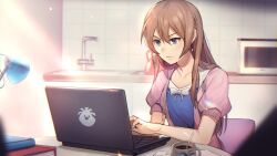  1girl alison_harte at_computer blue_eyes blue_shirt blurry blurry_foreground book brown_hair cardigan chair coffee coffee_mug computer counter cup dappled_sunlight day desk_lamp english_commentary evening expressionless facing_to_the_side game_asset indoors kitchen lamp laptop light_particles light_rays long_sidelocks looking_at_object luna_chai medium_hair microwave morning mug official_art on_chair open_cardigan open_clothes pink_cardigan shirt short-sleeved_sweater short_sleeves sidelocks sink sunlight sweater table typing vignetting zodiac_axis 