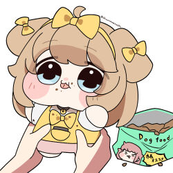  1girl :3 :p absurdres ahoge animal_ears blue_eyes blush_stickers bow bow_hairband bowtie brown_hair butter_(trickcal) chibi chibi_only closed_mouth commentary_request dog_ears dog_girl food food_on_face hair_bow hairband highres holding holding_mini_person long_hair mini_person minigirl pet_food pink_shorts shinonome_nashi shorts simple_background tongue tongue_out trickcal twitter_username white_background yellow_bow yellow_bowtie yellow_hairband 