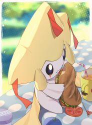  absurdres alternate_color ben-day_dots berry_(pokemon) black_eyes commentary_request crumbs cup drinking_straw eating food highres holding holding_food holding_sandwich jirachi lettuce mini_flag mug no_humans oran_berry pikachu pokemon pokemon_(creature) pokemon_focus sandwich screentones shiny_pokemon sitting solo star_(symbol) tomato tomato_slice yupiteru 