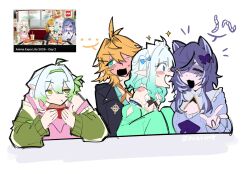  0rcazone 3am 4girls ahoge animal_ears annoyed aqua_shirt black_jacket blonde_hair blue_dress blue_eyes blue_hair bow burger closed_eyes densetsu.exe detached_sleeves dokibird dokibird_(bounty_hunter) dress eating fang ferret_ears ferret_girl food gradient_hair green_eyes green_hair green_hairband green_sleeves green_sweater hair_bow hair_ornament hair_over_one_eye hairband happy highres indie_virtual_youtuber jacket limealicious limealicious_(cozy) long_hair long_sleeves looking_at_another maid_headdress mint_fantome multicolored_hair multiple_girls neckerchief open_mouth orange_neckerchief overalls pink_overalls pointy_ears raccoon_ears raccoon_girl shirt short_hair sidelocks skin_fang sleeves_past_fingers sleeves_past_wrists snuffy_(idol)_(vtuber) snuffy_(vtuber) sparkle streaked_hair sweater triangular_headpiece virtual_youtuber white_background white_hair x_hair_ornament 