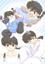  1boy 1girl absurdres black_hair black_shoes blue_eyes blue_hair bow braid breasts carrying carrying_person chacha_r_a closed_mouth collarbone commentary_request dot_mouth dougi fuurinkan_high_school_uniform hair_bow highres holding long_hair low_ponytail ponytail ranma_1/2 saotome_ranma saotome_ranma_(male) school_uniform shoes single_braid smile socks tendou_akane v-shaped_eyebrows white_socks yellow_bow 
