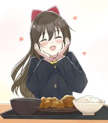  1girl absurdres black_jacket bowl brown_hair closed_eyes commentary_request food hair_ribbon hands_on_own_face highres jacket long_hair long_sleeves love_live! love_live!_nijigasaki_high_school_idol_club neck_ribbon nijigasaki_school_uniform open_mouth osaka_shizuku red_ribbon ribbon rice_bowl school_uniform smile solo table tata_(tataice) tray white_background winter_uniform yellow_ribbon 