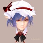  ascot blue_hair character_name flower hair hat hat_ribbon head lucia_(artist) pointy_ears portrait realistic red_eyes remilia_scarlet ribbon rose short short_hair simple_background solo touhou 