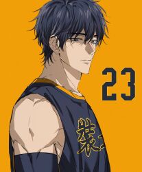  1boy basketball_jersey basketball_uniform black_eyes black_hair black_tank_top choi_jongsu clothes_writing commentary_request elbow_sleeve from_side garbage_time ggang_gr korean_commentary lower_eyelashes_only male_focus messy_hair muscular muscular_arms muscular_male number_print orange_background orange_trim profile shaded_face simple_background solo sportswear tank_top upper_body 