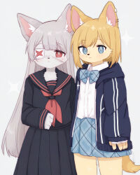  2girls :< black_collar black_nose black_shirt black_skirt blonde_hair blue_eyes blue_skirt blunt_bangs bow bowtie bright_pupils claws clear_(djmax) clenched_hand collar commentary_request cowboy_shot djmax djmax_respect dog_girl dog_tail double-parted_bangs earrings eyepatch fail_(djmax) fluffy fluffy_tail furrification furry furry_female grey_background grey_fur grey_hair hood hooded_jacket jacket jewelry korean_commentary long_hair long_skirt long_sleeves looking_at_viewer medical_eyepatch medium_hair mokumokuuma multiple_girls neckerchief plaid_bow plaid_bowtie plaid_clothes plaid_skirt pleated_skirt puffy_sleeves red_eyes red_neckerchief sailor_collar school_uniform shirt shirt_tucked_in sidelocks simple_background skirt sleeve_cuffs snout star_(symbol) swept_bangs tail thighs track_jacket translation_request very_long_hair white_pupils white_shirt yellow_fur 