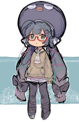  1girl ahoge black_pantyhose black_shoes blue_background blue_eyes blue_hair closed_mouth full_body hair_ornament hairclip hat highres kuhnoda long_hair long_sleeves miniskirt necktie otomachi_una pantyhose parallel_hairclips purple_hat purple_skirt red-framed_eyewear sailor_collar school_uniform semi-rimless_eyewear serafuku shoes skirt solo standing sweater twintails under-rim_eyewear very_long_hair vocaloid white_necktie white_sailor_collar yellow_sweater 