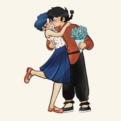  1boy 1girl black_hair black_pants black_shoes blue_hair blue_skirt blush bouquet braid chinese_clothes closed_eyes closed_mouth earrings english_commentary floral_print floral_print_shirt full_body grin hand_on_another's_back hetero highres holding holding_bouquet jewelry kiss kissing_cheek long_skirt pants print_shirt ranma_1/2 red_shoes saotome_ranma saotome_ranma_(male) shirt shoes short_hair single_braid skirt smile tangzhuang tendou_akane white_background ximeni 
