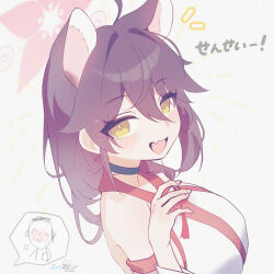  1girl ahoge black_hair blue_archive breasts doodle_sensei_(blue_archive) fang flower_halo hair_between_eyes halo highres japanese_clothes kaede_(blue_archive) kimono large_breasts looking_at_viewer open_mouth pink_halo sensei_(blue_archive) skin_fang sleeveless sleeveless_kimono sushispin upper_body yellow_eyes 