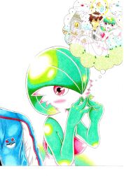  1boy 1girl ame_no_oto blue_jacket blush carrying church church_bell colored_pencil_(medium) colored_skin commentary_request flat_chest flower formal_clothes gardevoir great_ball green_flower green_skin hands_up imagining jacket looking_at_another looking_to_the_side mega_evolution_symbol mega_gardevoir mega_pokemon multicolored_skin multiple_views own_hands_together pidgey poke_ball poke_ball_symbol pokemon pokemon_(creature) princess_carry red_eyes simple_background speech_bubble standing steepled_fingers suit thought_bubble togekiss traditional_media two-tone_skin upper_body wedding white_background white_skin white_suit 