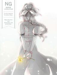  1girl aerith_gainsborough arm_belt arms_behind_back bangle bracelet braid braided_ponytail commentary_request cropped_jacket dress facing_away final_fantasy final_fantasy_vii final_fantasy_vii_remake flower hair_ribbon holding holding_flower jewelry jo_ro_ri lily_(flower) long_dress parted_bangs ribbon short_sleeves sidelocks single_braid solo twitter_username upper_body white_background yellow_flower 