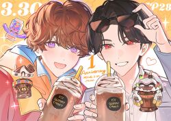  2boys :d aleo animification anniversary black_hair blush chinese_commentary collared_shirt commentary_request cup curtained_hair dated disposable_cup drinking_straw frappuccino gochizo grey_jacket grin heart holding holding_cup holding_removed_eyewear hood hood_down hooded_jacket inoue_shouma jacket kamen_rider kamen_rider_gavv_(series) karakida_hanto long_sleeves looking_at_viewer male_focus mole mole_under_mouth multiple_boys open_clothes open_jacket open_mouth poppingummy red_eyes red_jacket shirt short_hair side_part smile sparkle sunglasses tsurime unworn_eyewear upper_body violet_eyes white_shirt wing_collar 
