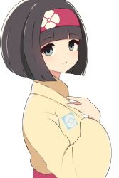  1girl black_hair commentary erika_(pokemon) floral_print from_side grey_eyes hairband hand_up highres japanese_clothes kimono kocha_(jgug7553) long_sleeves looking_to_the_side pokemon pokemon_firered_and_leafgreen red_hairband short_hair simple_background smile solo upper_body white_background yellow_kimono 