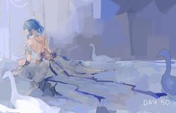  1girl artist_name back bare_back bare_shoulders beak bird bird_wings blue_hair braid choker circlet closed_mouth detached_sleeves dress english_commentary feather_hair_ornament feathers from_behind full_body genshin_impact hair_bun hair_ornament half_up_braid highres lake long_dress looking_to_the_side odette_(genshin_impact) short_hair short_sleeves sidelocks sitting solo swan usermich3lll violet_eyes white_choker white_dress white_sleeves wings 