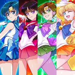  4girls absurdres aino_minako back_bow bishoujo_senshi_sailor_moon black_hair blonde_hair blue_boots blue_choker blue_eyes blue_hair blue_sailor_collar blue_skirt boots bow bowtie brown_hair choker circlet clenched_teeth commentary commentary_request crescent crescent_facial_mark dj_jdite double_biceps_pose earrings elbow_gloves electricity electrokinesis facial_mark fiery_background fire flexing flower_earrings from_behind full_body gloves green_boots green_eyes green_sailor_collar green_skirt hair_bobbles hair_ornament high_heel_boots high_heels highres hino_rei inner_senshi jewelry kino_makoto knee_boots lightning long_hair looking_at_viewer looking_back magical_girl mercury_symbol miniskirt mizuno_ami multiple_girls ofuda orange_choker orange_sailor_collar orange_skirt pink_bow pink_bowtie pleated_skirt red_choker red_sailor_collar red_skirt revision sailor_collar sailor_jupiter sailor_mars sailor_mercury sailor_senshi sailor_senshi_uniform sailor_venus shirt short_hair shoulder_blades skin_tight skirt smile teeth violet_eyes walking white_gloves white_shirt 