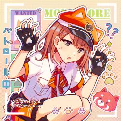  1girl ? ?? acchi_kocchi_shiikuin_taiken!_(project_sekai) animal_ear_headwear animal_ears black_gloves black_hair breast_pocket brown_hair claw_pose collared_shirt commentary fake_animal_ears fingerless_gloves fingernails gloves hanasato_minori highres instagram_username long_hair meiik_a nervous_sweating official_alternate_costume open_mouth outline paw_print pocket project_sekai red_panda shirt short_sleeves solo sweat translation_request twitter_username viewfinder white_outline wing_collar 