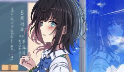  1girl aoi_erika black_hair blue_bow blue_bowtie blue_eyes blue_sky bow bowtie chalkboard clouds cloudy_sky commentary_request heaven_burns_red highres looking_at_viewer open_mouth reflection school school_uniform short_hair sky smoke smoke_trail takato_(takato_kwhra) 