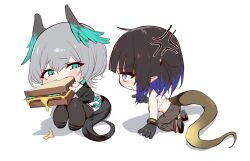  2girls anger_vein angry aqua_eyes arknights black_gloves black_hair black_pantyhose blue_eyes blue_hair blue_wings blush chibi clenched_teeth commission eating eunectes_(arknights) feathered_wings fingerless_gloves food gloves gradient_hair grey_hair hair_between_eyes head_wings highres ho'olheyak_(arknights) holding holding_food kinbakuman long_sleeves looking_at_another multicolored_hair multiple_girls pants pantyhose pointy_ears sandwich shadow short_hair simple_background sitting snake_girl snake_tail tail teeth violet_eyes white_background wings 