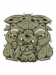  animal_focus billyjazz bulbasaur closed_mouth commentary evolutionary_line fangs full_body greyscale head_tilt highres ivysaur leaf monochrome motion_lines no_humans nostrils pokemon pokemon_(creature) pokemon_focus simple_background smile spots variant_set venusaur white_background 