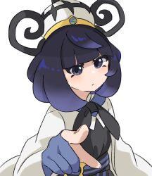  1girl belt belt_buckle black_dress blue_gloves bob_cut buckle closed_mouth coat commentary dress eyelashes gloves gwynn_(pokemon) hat highres long_sleeves mega_stone o-ring o-ring_belt open_clothes open_coat partially_fingerless_gloves pointing pointing_at_viewer pokemon pokemon_legends:_z-a purple_hair ryokukoucha short_hair solo upper_body violet_eyes white_background white_coat 