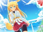  :&lt; ahoge animal_ears bike_shorts blonde_hair blue_eyes blue_sky blush cloud clouds fox_ears fox_tail green_eyes long_hair nibiiro_shizuka obi original popsicle skirt sky solo sunlight sweat tail 