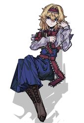  1girl alice_margatroid blonde_hair blue_dress blue_eyes book boots brown_boots capelet closed_mouth commentary dress frilled_hairband frills grimoire grimoire_of_alice hairband highres holding holding_book knee_boots lace-up_boots long_sleeves medium_hair prmkq red_hairband red_sash romaji_commentary sash simple_background solo touhou waist_sash white_background white_capelet 