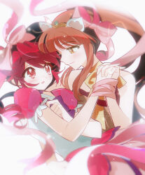  2girls animal_ears artist_request bare_arms bare_shoulders bound bound_together bound_wrists bow carrying chinese_commentary choker choppy_bangs closed_mouth commentary_request commission cowboy_shot dot_nose dress eye_contact eyes_visible_through_hair fine_(futagohime) frilled_sleeves frills fushigiboshi_no_futago_hime gown hair_bow hand_on_own_chest happy highres holding_hands interlocked_fingers large_bow leonne_(futagohime) light_blush light_particles long_hair looking_at_another multiple_girls open_mouth orange_choker orange_dress orange_eyes pink_bow pink_dress ponytail princess_carry puffy_short_sleeves puffy_sleeves red_eyes red_hair second-party_source short_sleeves sidelocks simple_background smile sparkle strapless strapless_dress surprised tareme twintails white_background yuri 