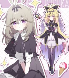  1girl absurdres ahoge blonde_hair boots character_name closed_mouth commentary_request cure_arcana_shadow grey_hair hagoonha hair_between_eyes highres ice_cream_cone long_hair magical_girl meitantei_precure! moria_luluka pink_eyes precure tear_arcana_rod thigh_boots thighs violet_eyes 