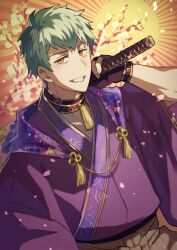  1boy alternate_costume black_gloves branch brown_hakama cape choker falling_petals fate/grand_order fate_(series) gloves green_hair grin hakama highres holding holding_sword holding_weapon japanese_clothes jitome katana kimono looking_at_viewer male_focus neck_tassel over_shoulder partially_fingerless_gloves petals pink_petals purple_cape purple_choker purple_kimono saitou_hajime_(fate) short_bangs short_hair smile solo sunburst sunburst_background sweater_guard sword tassel teria_(teriarian) upper_body weapon weapon_over_shoulder wide_sleeves yellow_background yellow_eyes 