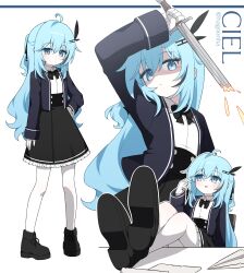 1girl absurdres ahoge black_boots black_ribbon blue_eyes blue_hair boots broken broken_sword broken_weapon character_name closed_mouth crossed_legs foot_on_table gloves grey_jacket hagoonha hair_between_eyes highres holding holding_sword holding_weapon jacket long_hair open_clothes open_jacket original pantyhose ribbon shirt sword thighs twitter_username weapon white_gloves white_pantyhose white_shirt 