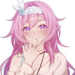  1girl cyrene_(demiurge)_(honkai:_star_rail) cyrene_(honkai:_star_rail) diamond-shaped_pupils diamond_(shape) grey_sweater highres honkai:_star_rail honkai_(series) long_hair looking_at_viewer multicolored_hair multicolored_nails pink_hair rin_(bakariiin) simple_background smile solo sweater symbol-shaped_pupils two-tone_hair very_long_hair violet_eyes white_background white_hair 