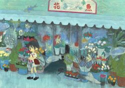  1girl absurdres bag black_hair black_shoes braid commentary_request dress fish flower flower_shop handbag highres holding holding_bag kanitowani original plant plastic_bag potted_plant shoes shop short_dress solo standing surreal twin_braids white_dress wide_shot 