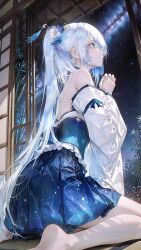  1girl absurdres back bare_shoulders blue_dress blue_eyes blue_skirt detached_sleeves dress from_side grey_hair highres original own_hands_together qixi_festival renoahh skirt sky smile star_(sky) starry_sky tanabata 