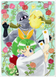  1boy 1girl arm_up bead_necklace beads between_fingers black_flower black_gloves black_rose blue_eyes border bow claws closed_mouth commentary_request creature curtained_hair disembodied_hand eyes_in_shadow fingerless_gloves flower gloves grey_kimono hair_bow hair_ornament hand_up highres holding holding_ofuda japanese_clothes jewelry kimono looking_at_viewer miko miyabi_(ninin_ga_shinobuden) necklace ninin_ga_shinobuden ninja official_art ofuda ofuda_between_fingers onsokumaru orange_eyes pink_flower pink_rose ponytail red_eyes red_flower red_rose rose rounded_corners sasuke_(ninin_ga_shinobuden) shibata_jun smile smiley_face sphere_hair_ornament sweat traditional_media v-shaped_eyebrows white_border white_kimono wide_sleeves yellow_bow 
