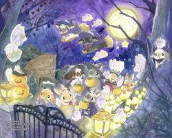  absurdres angel animal bare_tree bat_(animal) berry_jou black_hat bow broom broom_riding bubble bush cape colored_pencil_(medium) commentary_request english_commentary fake_horns fake_wings flying forest full_moon gate glowing_mushroom halloween halloween_bucket halloween_costume halo hat highres holding holding_halloween_bucket holding_lantern holding_scythe horns instagram_username jack-o'-lantern jiangshi_costume lamppost lantern mixed-language_commentary moon mummy_costume mushroom nature no_humans original outdoors painting_(medium) purple_cape purple_horns purple_sky rabbit rearing red_bow scythe sheet_ghost skeleton_print sky star_(sky) star_(symbol) string_of_flags traditional_media tree twitter_username watercolor_(medium) wings witch witch_hat 